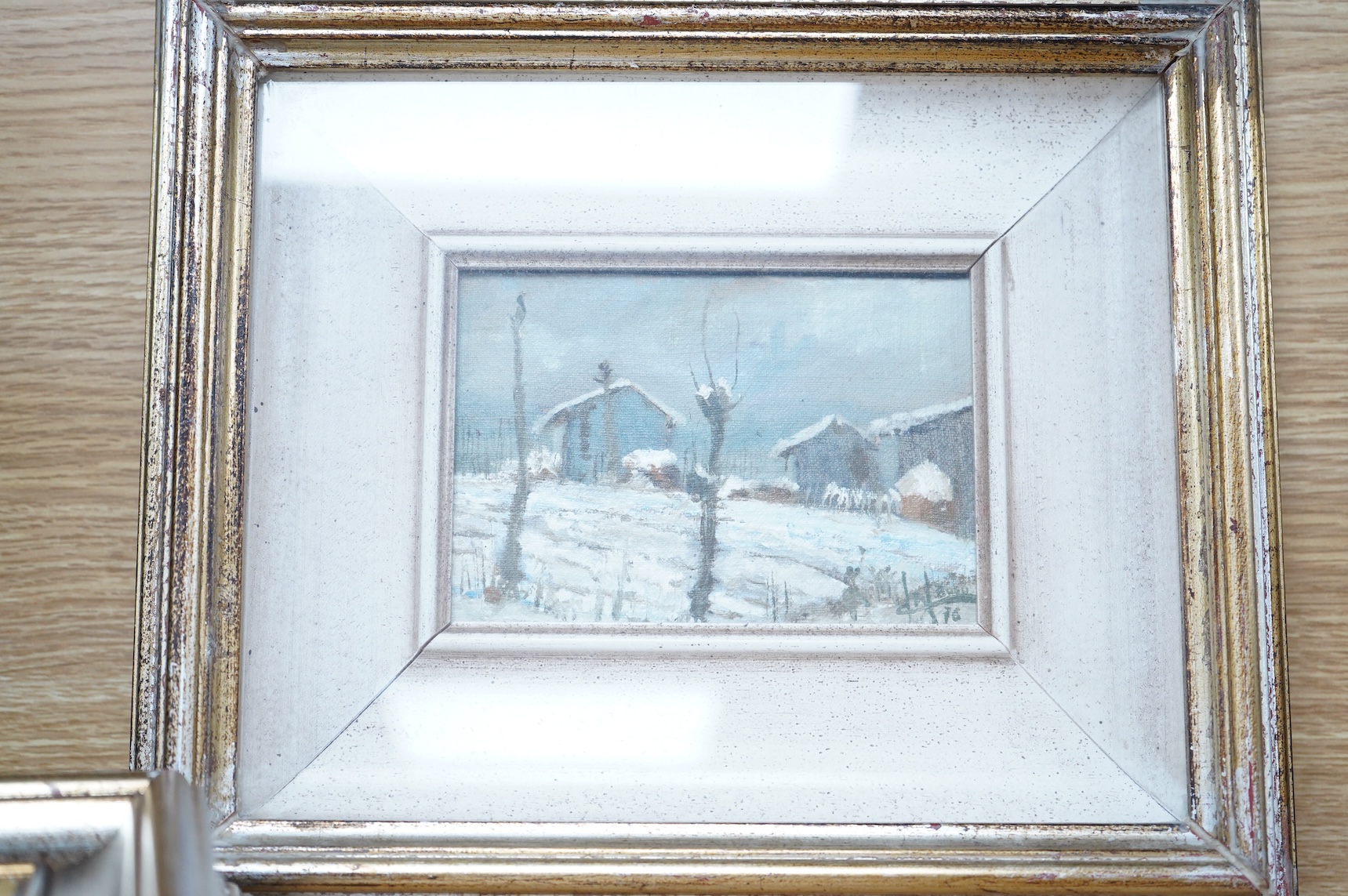Luigi Buso (Italian), ‘Uno Scorcio Fra Le Nubi’ and three other landscapes, details verso, each signed and dated, set of four oils on canvas board, largest 10 x 18cm